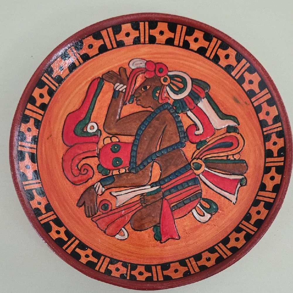Handcrafted Mayan Art Plate - Vibrant Orange and Brown